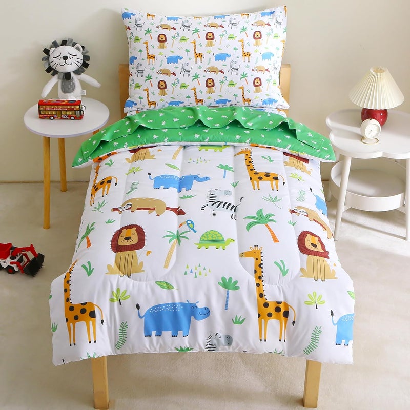 Mooreeke 4 Pieces Toddler Bedding Set - Forest Animal Toddler Comforter Sets for Girls Boys, Includes Comforter, Flat Sheet, Fitted Sheet and Pillowcase, Bed in A Bag for Baby Bedroom - Image 1